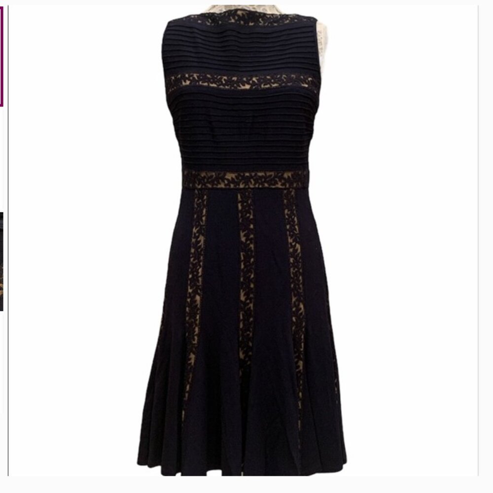 Tadashi Shoji Women's Dress Pintuck Jersey Lace Fit Flare | Black/Nude | S